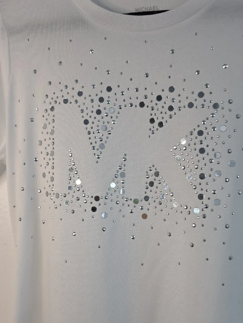Michael Kors White Short Sleeve Tee with Silver Logo Embellishment